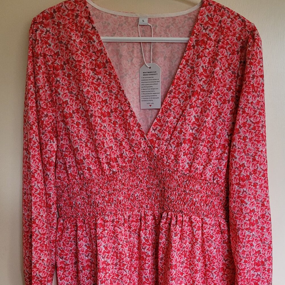 Midi red flower pattern cottage core dress